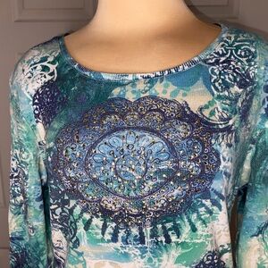 Style & Co. Blue Eclectic Bohemian Long Sleeve Shirt, Cotton, Earth tones